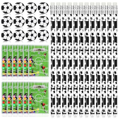 taonganui 36 Stück Fußball Bleistifte mit Fußball Radiergummi und 12 Stück Fußball Flipperspiel Set, Fußball Thema Bleistiftanzug Fußball Mitgebsel Radiergummi Bleistifte für Kindergeburt