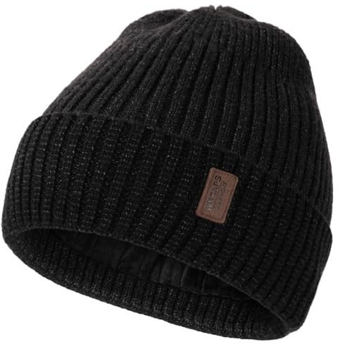 Wmcaps Mütze Herren Winter, Thermo Strickmützen für Herren, Warme Fleece Laufmütze Beanie Damen Herrenmütze Winter, Winddichte Wintermütze Männer Gefütterte und Gepolsterte (Dunkelgrau+Schwarz)