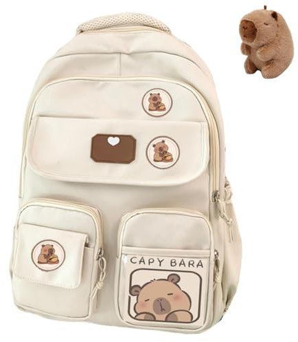 WANWEN Niedlicher Cartoon Capybara Rucksack für Kinder, Schulrucksack mit Süßen Accessoires (Beige)