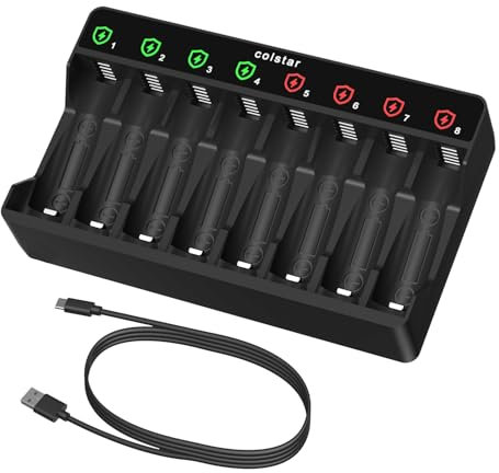 Colstar Akku Ladegerät, AA/AAA Ladegerät mit LCD Anzeige, 8-Ladeplatz Universal Schnell Akkuladegerät, für NI-MH NI-CD AA/AAA Akkus, Batterieladegerät für wiederaufladbare Mignon AA und Micro AAA