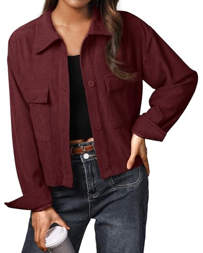 IWOLLENCE Cordjacke Damen Hemdjacke Cordhemd Kurzjacke Langarm Revers Button-Down Shacket Mantel (Weinrot, M)