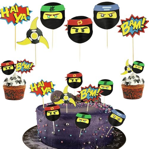 24 Stück Ninja Cupcake Toppers, Ninja Thema Kuchen Tortendeko, Ninja Warrior Kuchendeckel, Kinder Geburtstagstorte Dekoration für Papier Cupcakes, Muffins, Brot, Desserts, Jungen und Mädchen