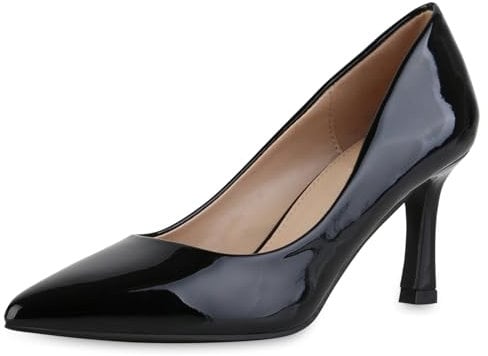 VAN HILL Damen Spitze Pumps Stiletto Lack Klassisch Schuhe 216475 Schwarz Lack 37