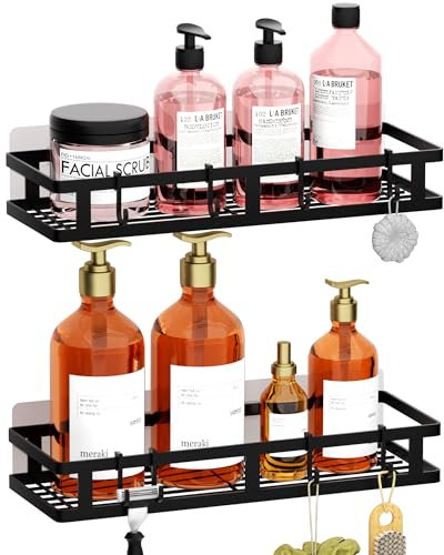 Wisfame Etagere Douche sans Percage Lot de 2, Noir Etagere Salle de Bain avec 8 Crochets, Acier Inoxydable Porte Gel Shampoing Douche, Rangement Salle de Bain Panier Douche