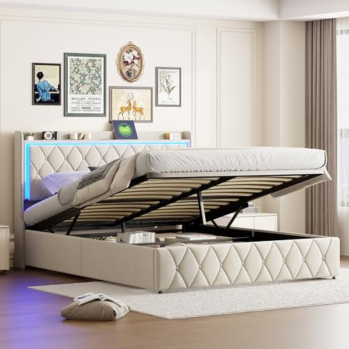 FOERPL Cama baúl de 160 x 200 cm, cama de matrimonio con almacenamiento debajo, para adultos, caja fuerte, con LED, función de carga y cabecero, acolchado marco (beige, 160 unidades)