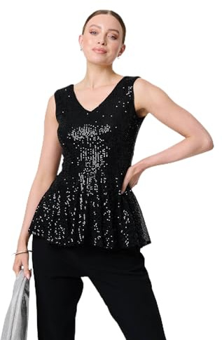 Izabel London Sparkly Sequin Sleeveless Peplum Top for Women UK with a v-Neck, a Hip Length Hem and Sequins. Black