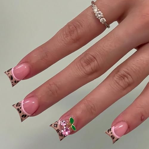 GlamRays Duck Press On Nails French Lace False Nails with Designs Shiny Autumn Brown, Cheetah Pattern, Pink Leopard, Y2K 3D Cherry