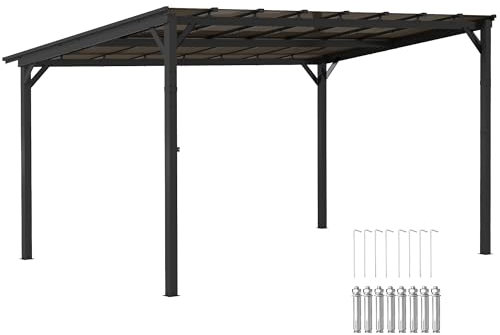 Outsunny 3 x 4.3m Metal Pergola with UPF 50+ and Waterproof Polycarbonate Roof, Wall-Mounted or Free Standing Garden Gazebo, Wind-resistant Outdoor Sun Shade, Dark Grey
