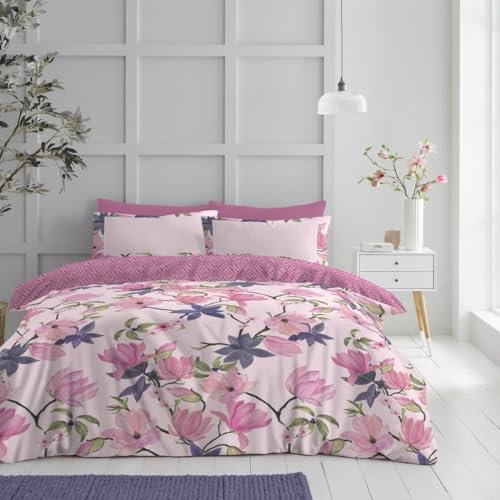 Lions Duvet Cover Set with Fitted Sheet and Pillowcase - 3 Piece Complete Single Bedding Sets Reversible Floral Rose Printed Poly Cotton Quilt Covers Bed, Light Pink