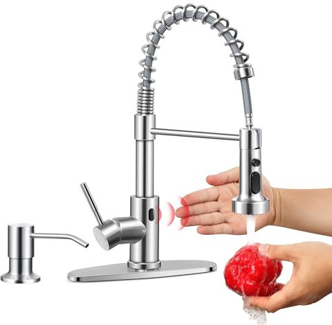 Homikit Robinet de cuisine sans contact avec distributeur de savon, nickel brossé en acier inoxydable avec détecteur de mouvement automatique, robinets d'évier de cuisine à ressort avec pulvérisateur