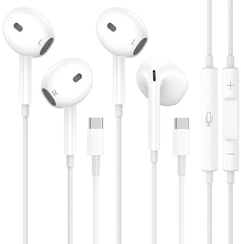 2 Packs Auriculares USB C para iPhone 16 15 Estereofónicos HiFi con Micrófono y Control de Volumen Auriculares Tipo C para Galaxy S23/S22/S21/S20/Ultra Note 10/20, para iPad Pro Pixel 7/6/5 OnePlus 9