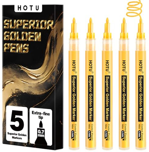 HOTU acrilici Gold Colori, 5 penne acriliche a base d'acqua con effetto metallizzato extra fine da 0,7 mm, pennarelli acrilici dorati per ceramica, legno, tela, tessuti, ecc