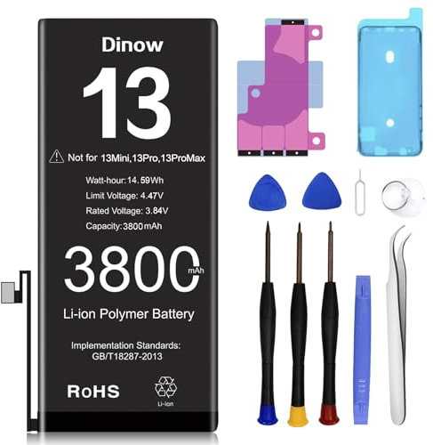 Dinow Battery for iPhone 13, 3800mAh High Capacity Li-ION Polymer Replacement Battery Compatible with iPhone 13(A2633, A2482, A2631, A2634, A2635) with Replacement Tool Kit