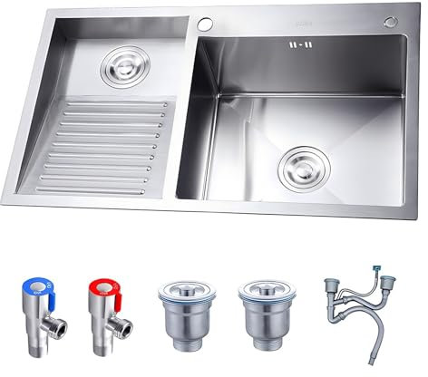 Waschtisch-Spülbecken, 4 mm dick, Edelstahl, großer Arbeitsplatz mit Ablauf-Set und Eckventil, perfekt für Hauswirtschaftsraum und Garage (linke Farbe, Größe: 80 x)