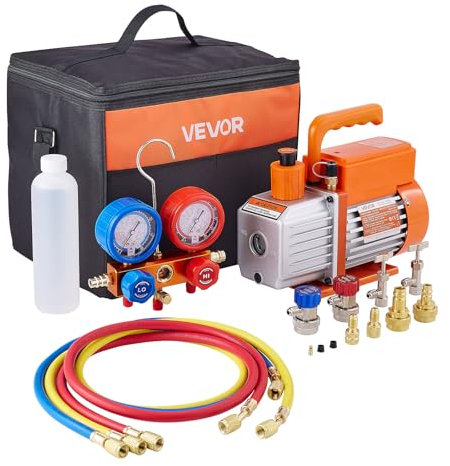 VEVOR Pompa a Vuoto Manometro 115 L/min per AC, Pompa per Vuoto a Palette Rotanti Monostadio per HVAC, Kit Manometro con Rilevatore di Perdite, Borsa per Trasporto, Kit per Aria Condizionata Auto