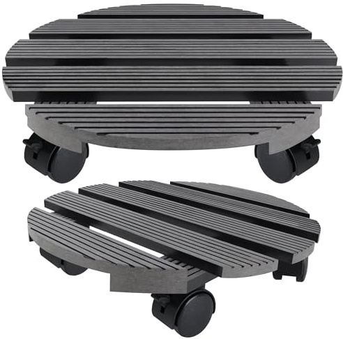 QEENTOE 2X WPC Pflanzenroller Tragkraft 100KG Rollbrett Pflanzen witterungsbestaendig Pflanzenroller für Außen- und Innenbereich Blumenroller Untersetzer Blumentopf mit Rollen - Anthrazit Rund