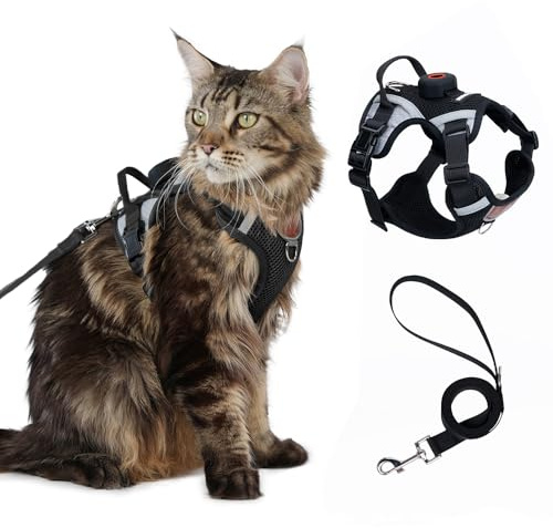 Cat Harness Leash Set with AirTag Holder, Upgraded Escape Proof Vest with Lead for Cat Kitten Small Dog Puppy Outdoor Walking, Soft Breathable Mesh Jacket with Reflective Strip (Grey Black, M)