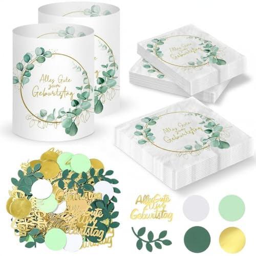 Tischdeko Geburtstag - 20 Stück Servietten Geburtstagsdeko+12 Stück Eukalyptus Windlicht Tischdeko+100 Stück Eukalyptus Deko Konfetti, Happy Birthday Party Deko Geburtstagsdeko Frau Mann Mädchen Junge