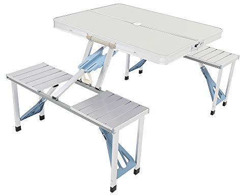 Table de pique-nique portable pliable avec 4 sièges et trou pour parasol, idéale pour le camping, les fêtes sur la plage, les réunions dans le jardin, couleur argent