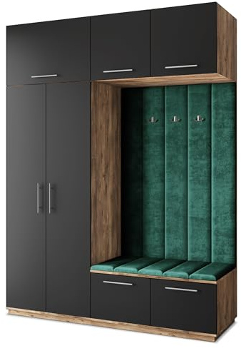 Masseno Flugarderoben Set Rema, Kleiderschrank-Set mit Sitzbank, Garderobenschrank Flur mit 5 Regalböden, Eiche Lefkas/Schwarz