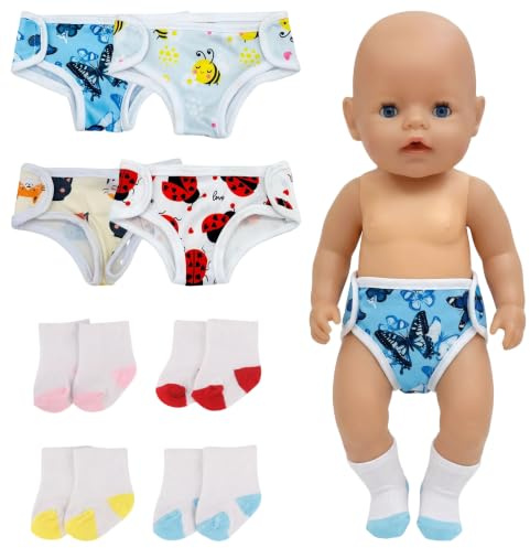 Lot de 4 couches pour poupée - 4 paires de chaussettes pour poupées de bébé de 30 à 43 cm - Accessoires de poupée avec motifs d'animaux - Réutilisables - Couches pour poupées de 30 à 43 cm - Cadeaux