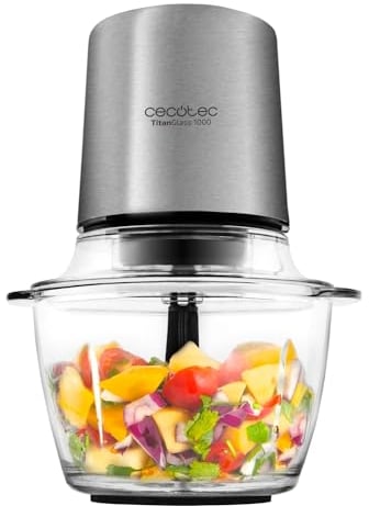 Cecotec Tritatutto ChopBeat 2000 Vindaloo Glass, 500W di Potenza, Tritura, Taglia e Affetta, Lama con 4 Lame in Acciaio Inossidabile, 2 Velocità, Ciotola in Vetro da 500g