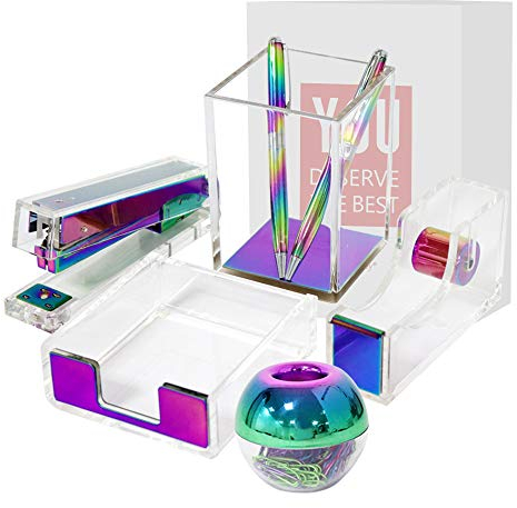 Schreibtisch-Organizer aus Acryl, Schreibtisch-Zubehör-Set, Bürobedarf, 8 in 1 Klebeband-Spender, Hefter, Stiftebecher, Make-up-Pinselhalter 12.4x10x3.34 Transparenter Regenbogen