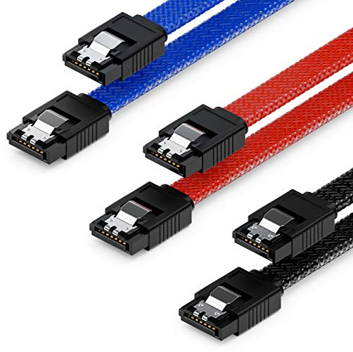 deleyCON 3x 50cm SATA 3 Nylon Kabel Set Datenkabel 6 Gbit/s Anschlusskabel Verbindungskabel Mainboard HDD SSD Festplatte 2 S-ATA Stecker Gerade Schwarz Blau Rot