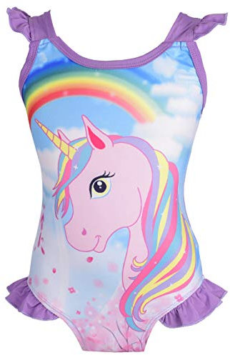 Lito Angels - Unicorno Costume da Bagno Intero per Bambine, Estate, Spiaggia, Piscina, Taglia 7-8 Anni, Viola, Stile D