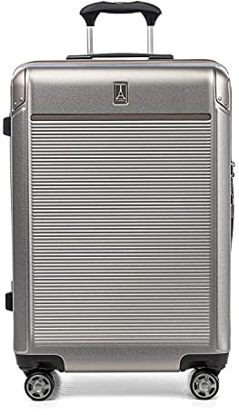 Travelpro Platinum Elite Hardside erweiterbares aufgegebenes Gepäck, Spinner mit 8 Rädern, TSA-Schloss, Hartschalen-Koffer aus Polycarbonat, metallischer Sand, kariert, mittelgroß, 70x46x34 cm