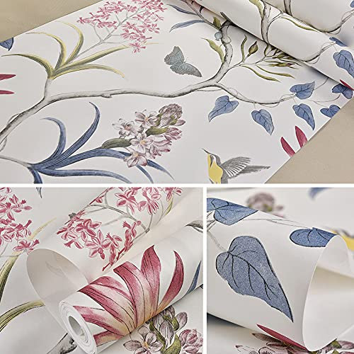 ZIYUEZIKUN Chinoiserie Wallpaper Bedroom Wall Covering Modern Vintage Floral Wallpaper Blue Tropical Butterfly Birds Flower Wall Paper (White, 0.53 x9.5 m)