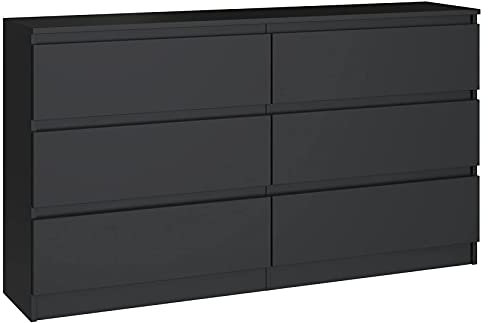 3xEliving Élégante et spacieuse Commode Demii 6 tiroirs 140cm, Parfaite pour Le Salon, Le Bureau, la Chambre (Noir). Dimensions: 140 x 38 x 78 cm.