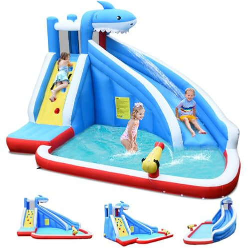 GOPLUS Château Gonflable en Tissu d’Oxford avec Toboggan et Pistolet à Eau,Aire de Jeux Aquatique avec Divertissements Multiples, Idéal pour Enfants Plus de 3 Ans (Requin) (sans Souffleur)