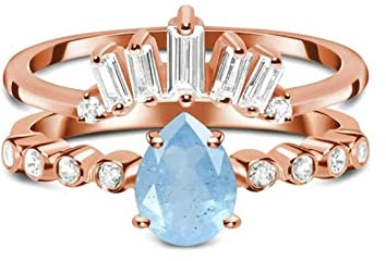 Bishilin Ringe Damen Silber 925, Verlobungsringe Krone mit Tropfen Aquamarin Stapelringe Eheringe Nickelfrei Rosegold Größe 60 (19.1)