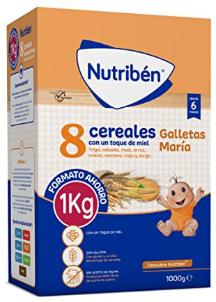 Nutribén Papilla 8 Cereales con un Toque De Miel y Galletas María, 1000g, Sin azúcares añadidos, Sin Aceite de Palma, Alimento para Bebés, desde los 6 Meses