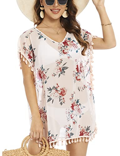 Tandisk Damen Chiffon Badeanzug Strand Badeanzug Cover Ups für Bademode Cover Up, Rosa Saflor, L-XXL