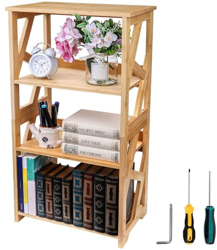 Hedume Bookcase, 3-Tier Open Shelf Bookcase, Small Bamboo Bookshelf, Bamboo Natural Shelving, Book Organizer Storage Open Shelf Rack, Display Shelves for Bedroom, Living Room, Office, Bathroom