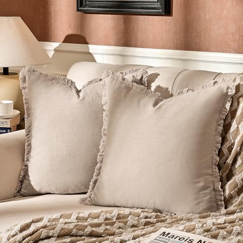 AmHoo 2 Stück Leinen-Kissenbezüge mit Quasten, Fransen, dekorativer rustikaler natürlicher Kissenbezug, Kissen für Couch, Sofa, Schlafzimmer, 40,6 x 40,6 cm, Beige