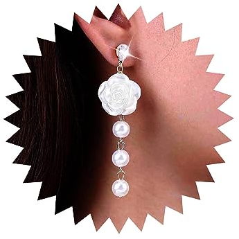 Atentuyi Boho Hochzeit Perle Baumeln Tropfen Ohrringe Gold Kristall Weiße Rose Blume Acryl Floral Lange Quaste Perle Kette Für Frauen Mädchen Bräute Brautjungfern Schmuck