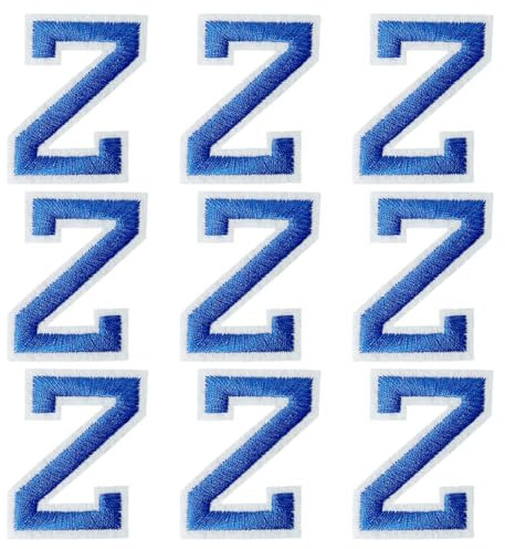 GYGYL Iron on Letters Patches, 9Pcs of 2 Inch Blue Letter Z Patches, Alphabet Embroidered Patch for Clothes, Dress, Hat, Socks, Jeans, DIY Accessories