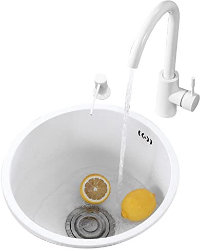 Fregadero Cocina Fregadero Fregadero Nueva Barra Fregadero Redondo Fregadero De Acero Inoxidable 304 Fregadero Redondo Blanco Lavabo Individual Balcón con Dispensador De Jabón Grifo Ordinario