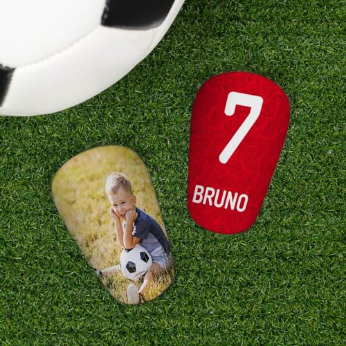 Wanapix | Personalisierte Fußball Schienbeinschoner Mini | Shinguards mit Foto und Text | Kinder und Erwachsene | 8 x 10 cm | Rot