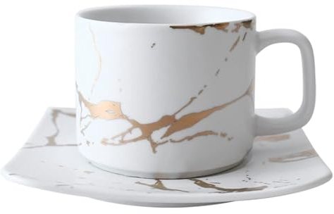 YDoLimmer Lot de tasses à expresso en porcelaine avec soucoupe - Aspect marbre - Tasse à café en céramique - 250 ml - Petite tasse - Blanc