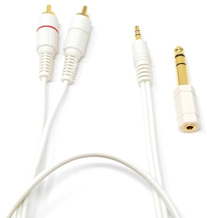 DRUT 3m 3.5mm Stereo Jack Plug to 2 x Twin RCA Phono Y Plugs Audio AUX Cable, Lead With 6.35mm Adapter Converter Gold Ends (White, 10ft)