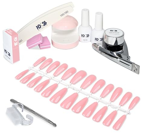 ND24 NailDesign - Press On Starter Set mit Soak Off Shellac - Flexibel und Starkes Glue Gel, Ballerina Tips & Shellac Farbe – Elegante Gelnägel zu Hause