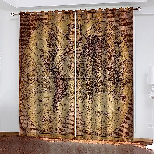 3D Vintage Weltkarte Vorhang Mit Ösen183 X 214 cm Mikrofaser Gardinen Blickdicht Verdunkelungs Scheibengardinen 2 Stücke Für Wohnzimmer Schlafzimmer Kinderzimmer Jugendzimmer -0R4P+G7