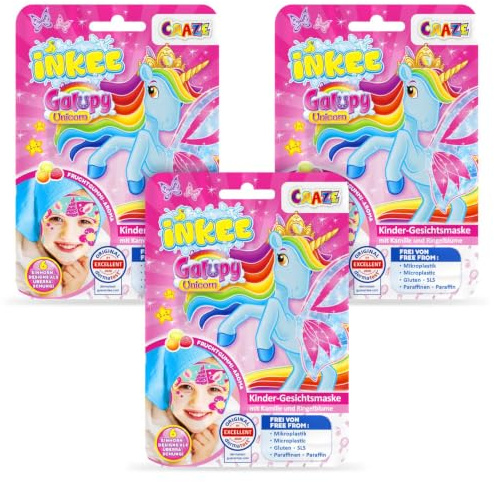 INKEE 3er Pack Galupy Unicorn Gesichtsmaske Kinder - Beauty Tuchmasken | Pflegende Feuchtigkeitsmaske mit Fruchtgummi-Aroma, Ringelblume & Kamille für Mädchen, dermatologisch geprüft & vegan