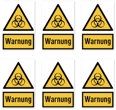 Aufkleber: 75x50 mm, 6 Stück - Signalwort Warnung vor Biogefährdung - Warnzeichen mit Text (deutsch) (gelb/schwarz) - hochkant - W009 - DIN EN ISO 7010 / ASR A1.3