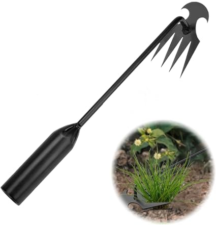 Wekuw Outil Desherbage, Desherbeur Manuel à 4 Dents, Arrache Mauvaise Herbe Jardinage, Couteau Desherber avec Manche, Maraudeur Mauvaise Herbe, Gouge Desherbage 30cm pour Cour Pelouse Terres