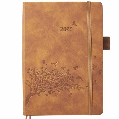 Kalender 2025 A5 1 Tag 1 Seite, Terminplaner & Tagesplaner mit Tab & Notizen, Stifthalter, Tasche, 2 Lesezeichenband, Leder Hardcover, Buchkalender 1 Tag pro Seite, vom Januar bis Dezember 2025